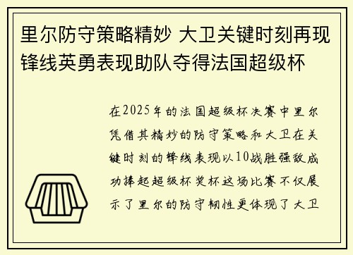 里尔防守策略精妙 大卫关键时刻再现锋线英勇表现助队夺得法国超级杯