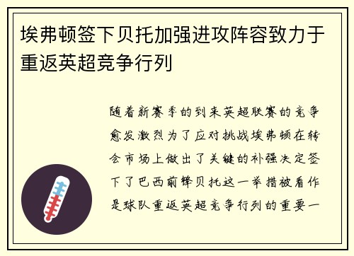 埃弗顿签下贝托加强进攻阵容致力于重返英超竞争行列 埃弗顿签下贝托加强进攻阵容致力于重返英超竞争行列