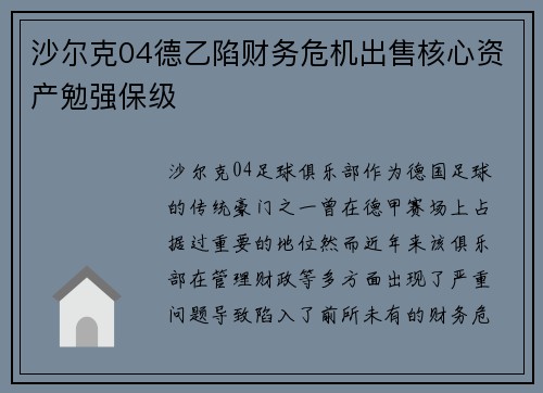 沙尔克04德乙陷财务危机出售核心资产勉强保级